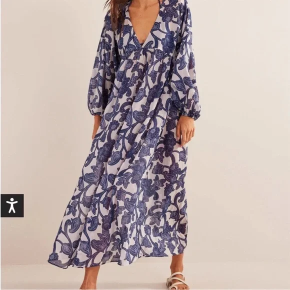 Boden US 14 Sarah Kaftan Dress Blue 0298 Ribbon maxi Paisley Whirl long sleeve - Picture 4 of 12